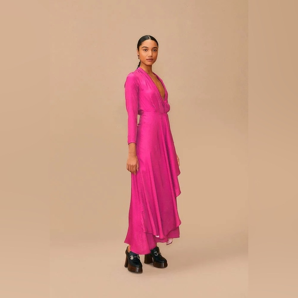 🎀 NEW FARM RIO deep v neck magenta satin maxi dress medium
